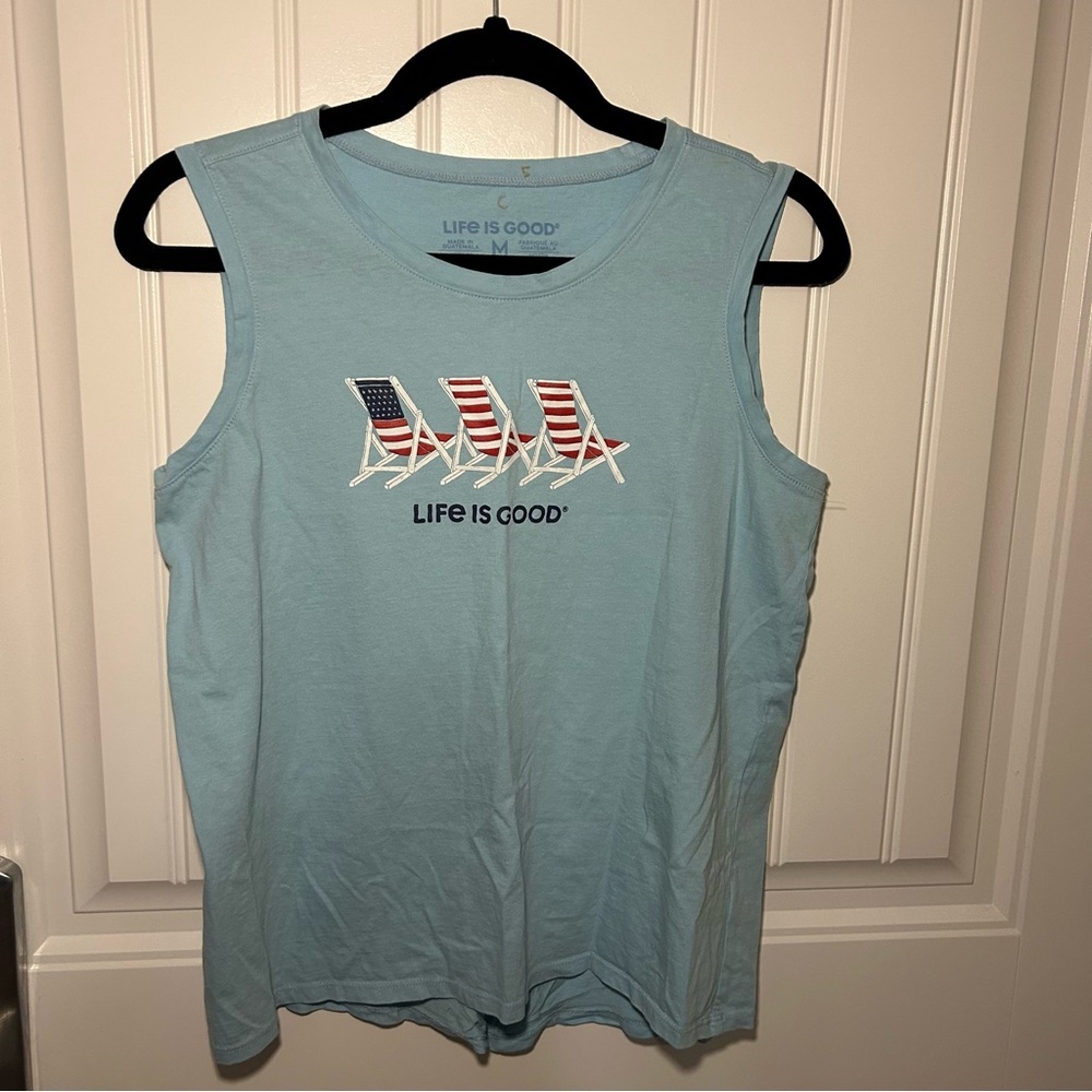 Life is Good Blue American Flag Beach Theme Sleeveless Tee Size Medium